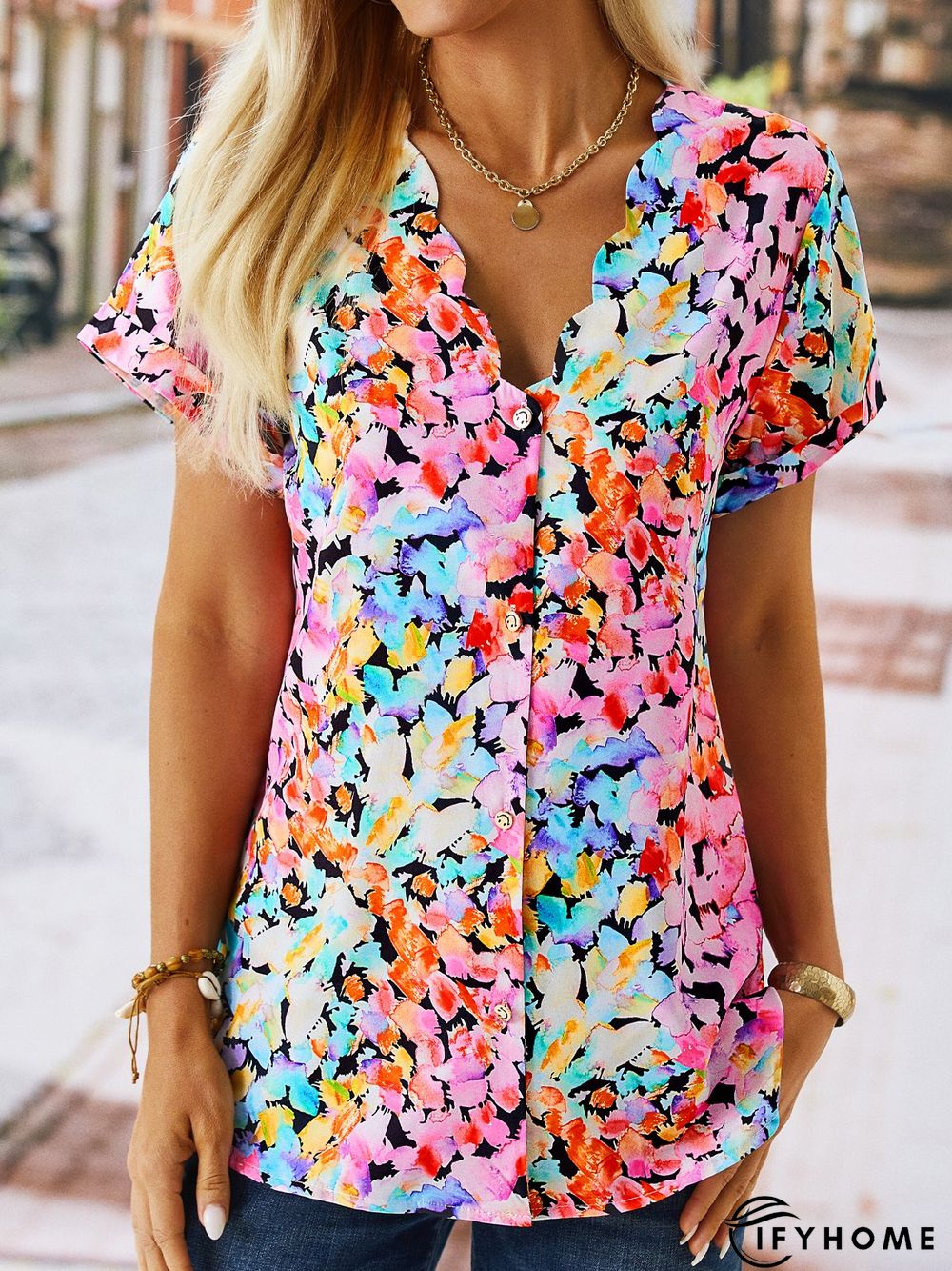 Floral V Neck Casual Short Sleeve Buttoned Blouse | IFYHOME