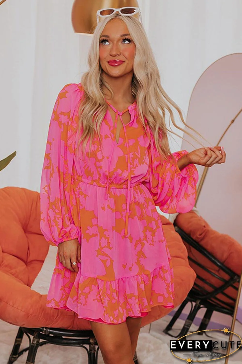 Rose Abstract Printed Puff Sleeve Ruffle Flowy Dress