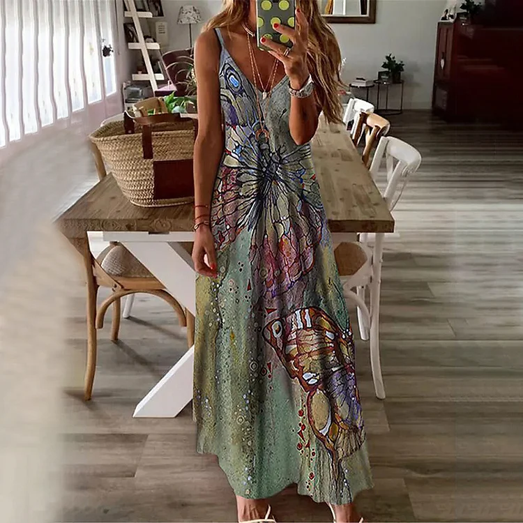 Art Butterfly Print Casual Maxi Dress