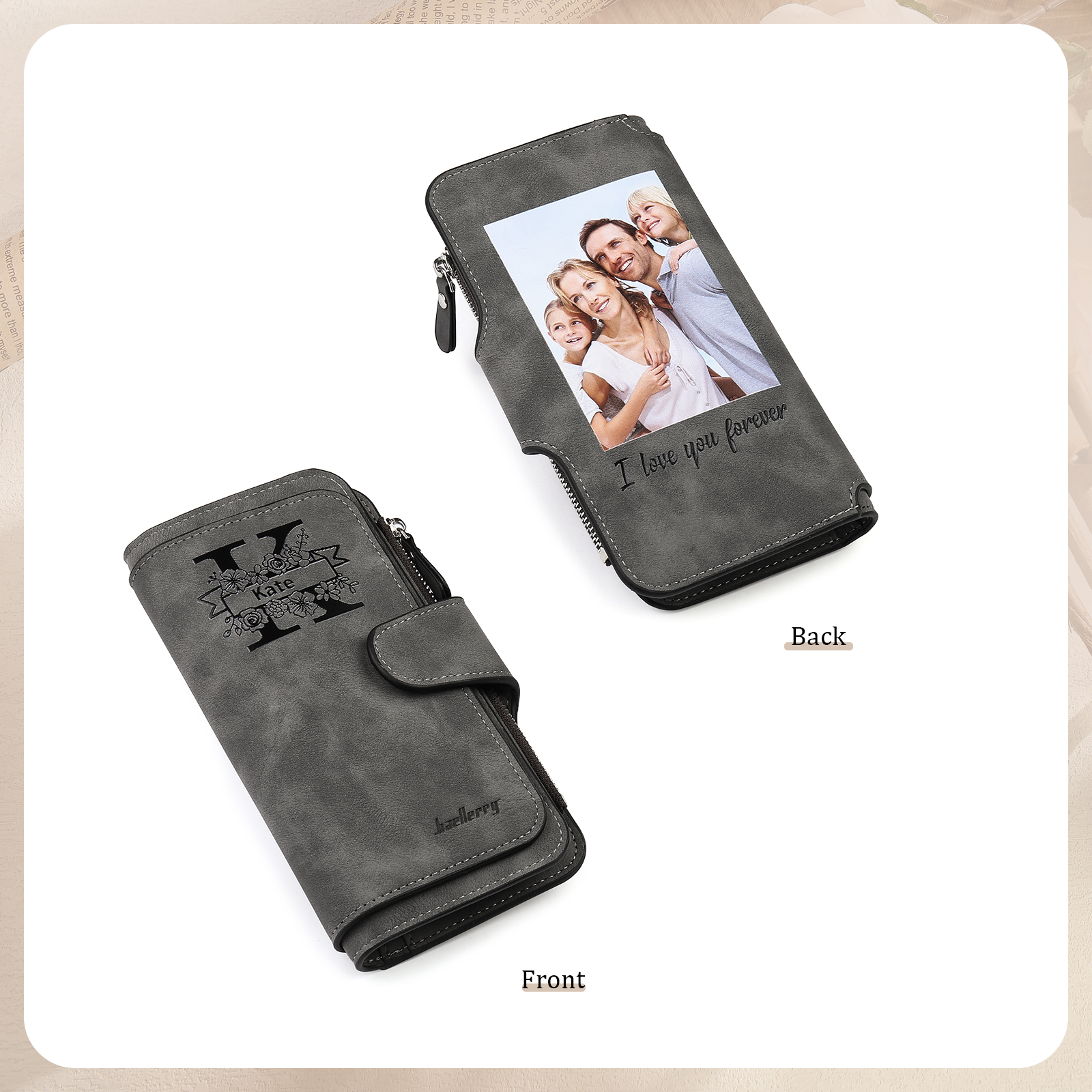 Portafoglio in PU pelle con 1 letetra & 1 testo & 1 nome & 1 foto personalizzati per mamma/nonna