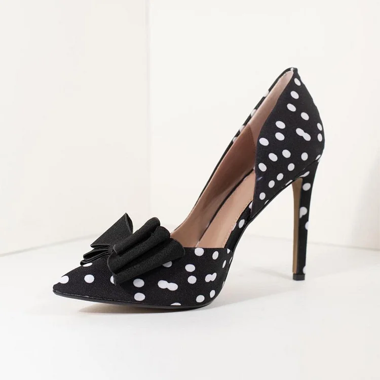 Black Satin Polka Dots Bow Stiletto Heels Pumps |FSJ Shoes