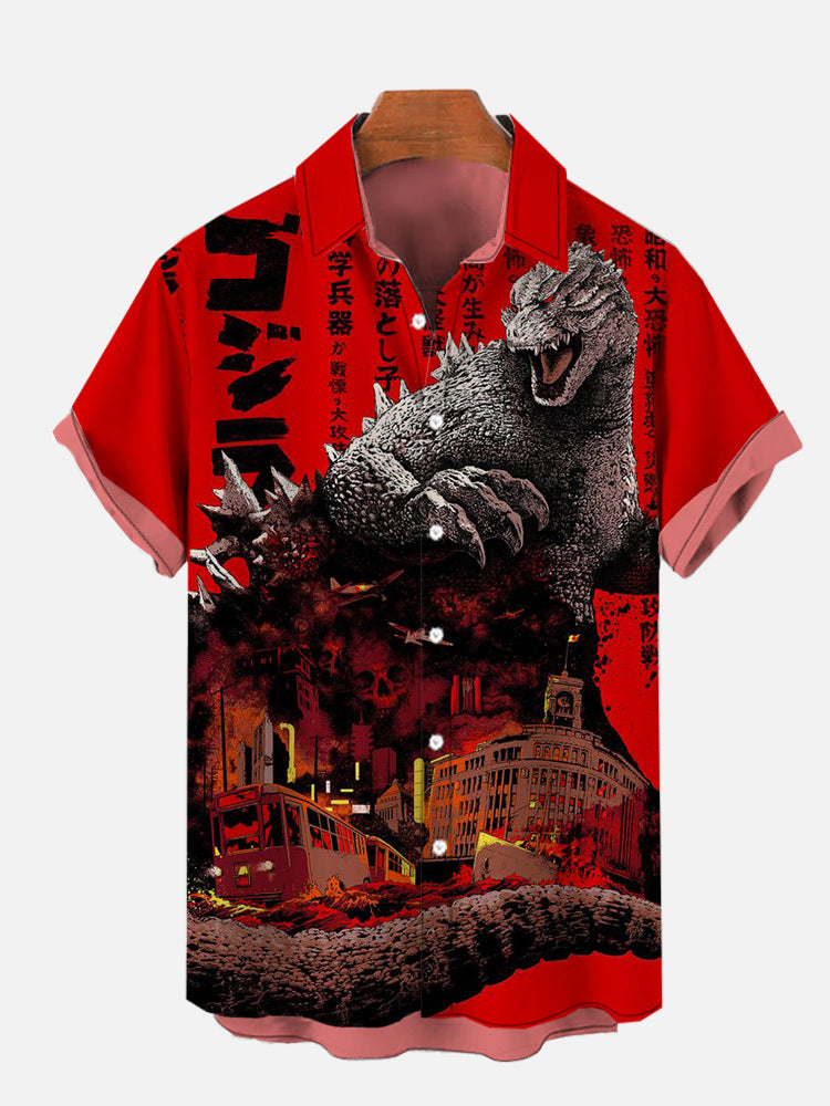 Red giant monster Godzilla and cruise ship print short-sleeved shirt PLUSCLOTHESMAN