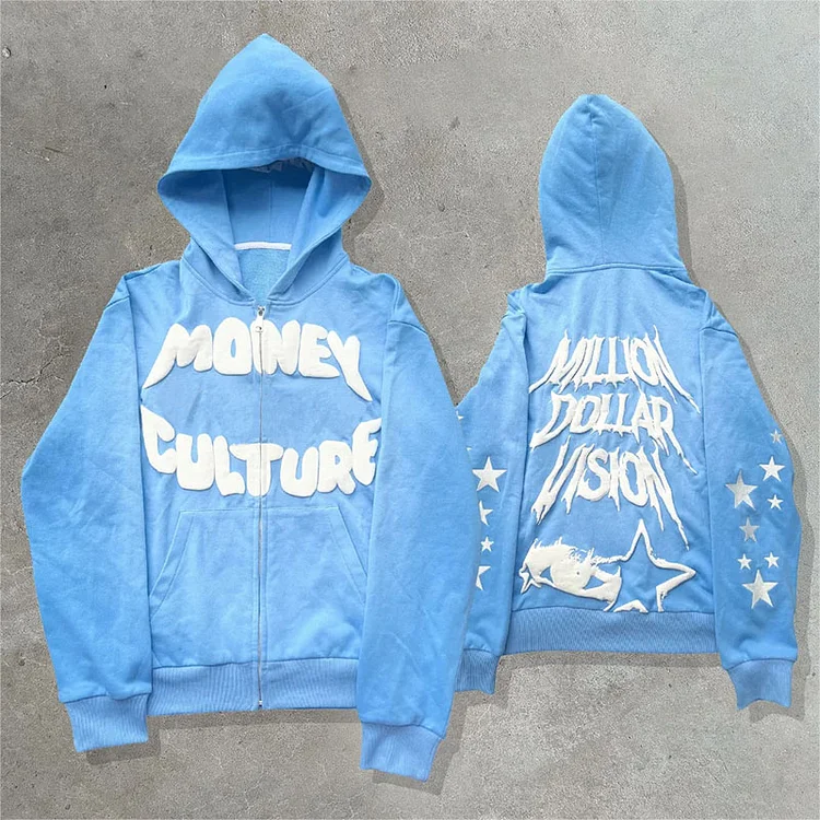 Y2K Millioim Dollar Vision Letter Star Printed Hip Hop Street Zip Hoodie  at Hiphopee