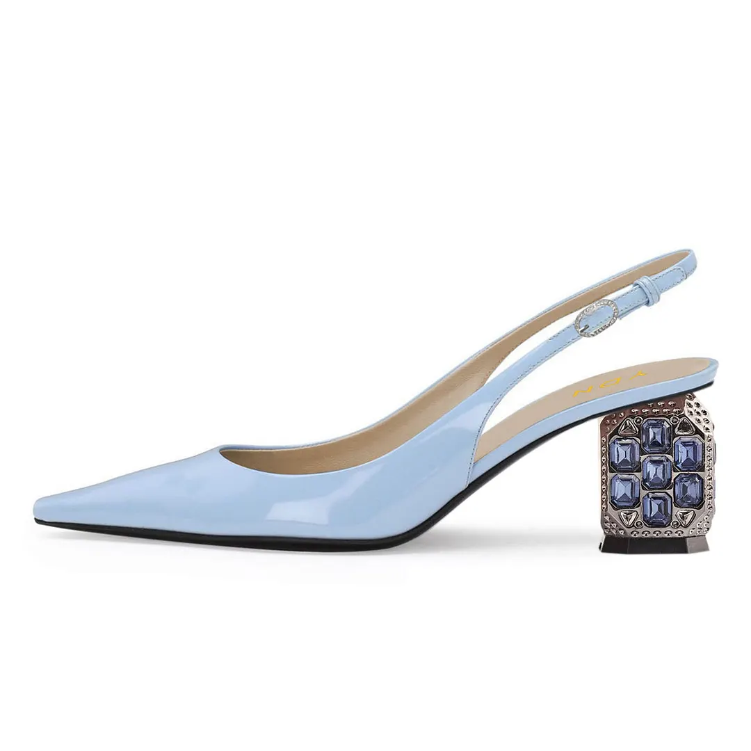 Light Blue Patent Leather Rhinestone Sculptural Heel Slingback Shoes