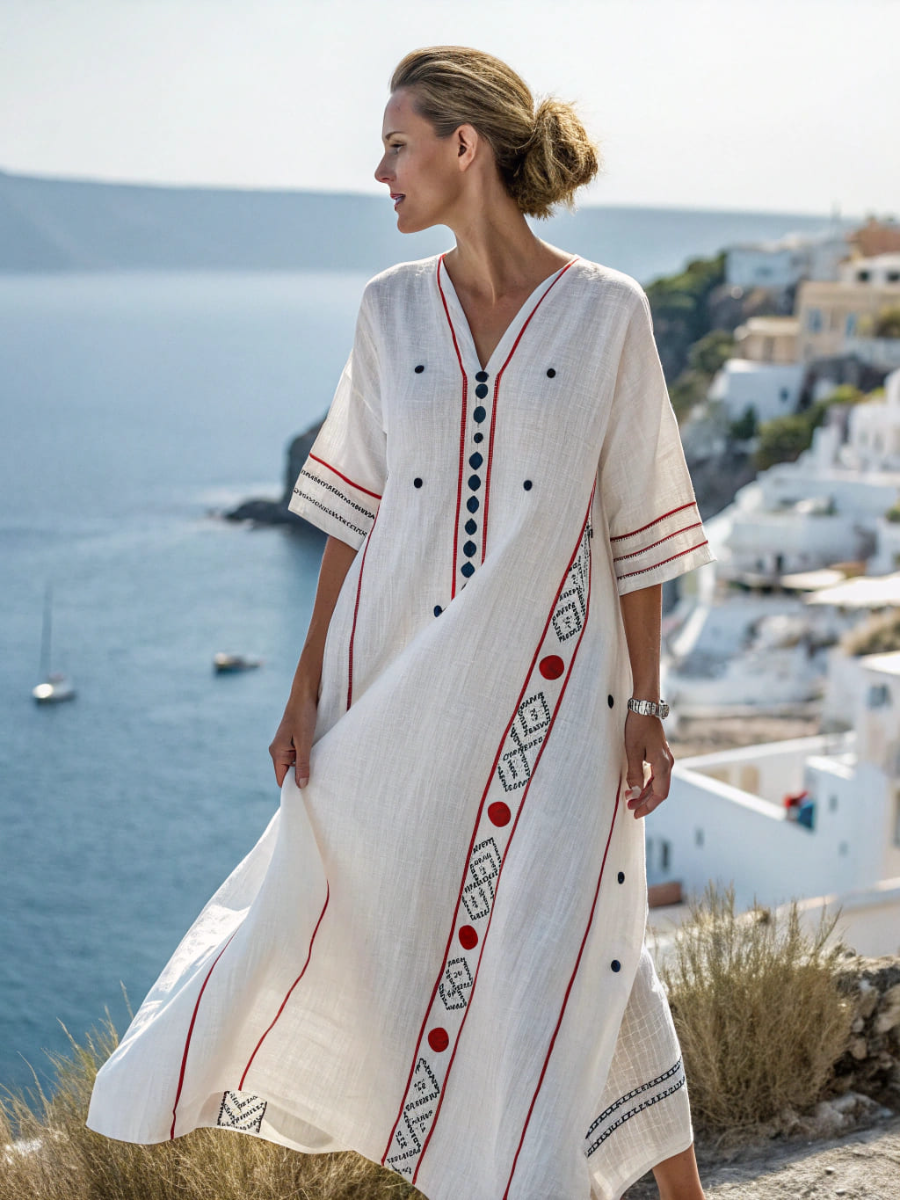 Cotton and linen women's V-neck short Dress