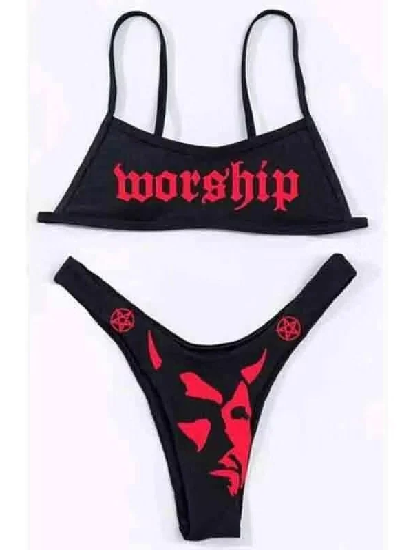 Punk Style Dark Devil Printed Color Block String Spaghetti Straps High Cut Triangle Bottom Two-piece Bikini Sets Swimwear