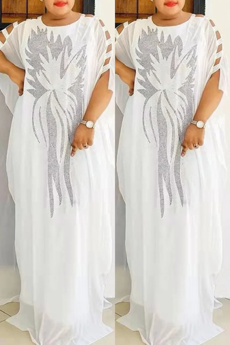 White Casual Patchwork Hot Drilling Hollowed Out O Neck Long Dress Plus Size Dresses