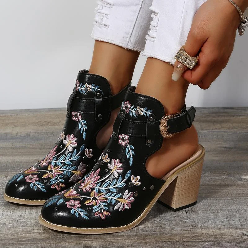 Flowers Rivet Sandals Women Vintage Embroider Chunky High Heels Shoes With Buckle Pumps-PABIUYOU- Women's Fashion Leader