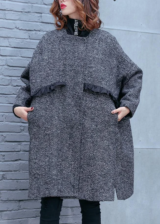 Women high neck pockets fine clothes gray striped Dresses coat