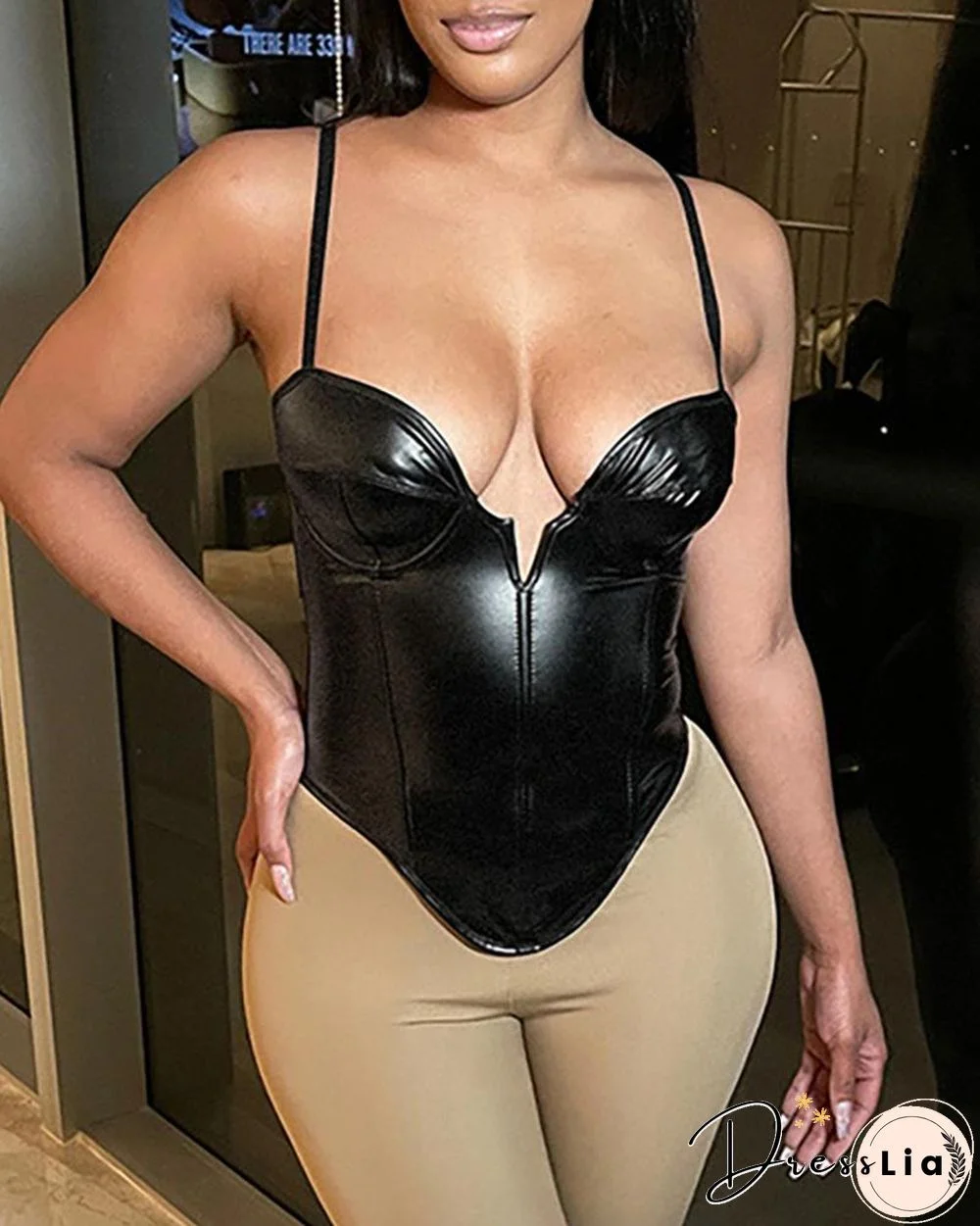 Plunge Spaghetti Strap PU Leather Bodysuit