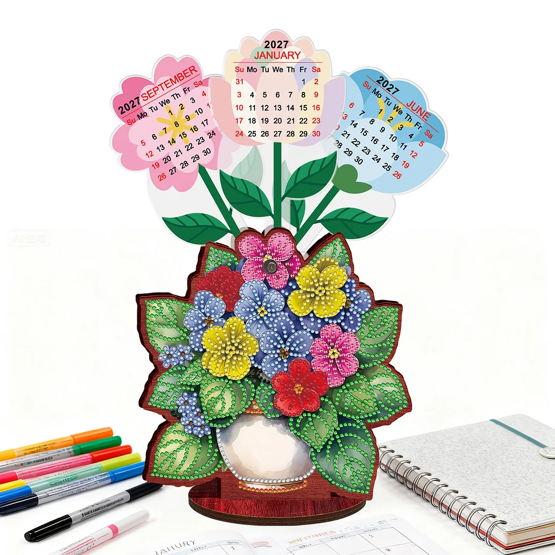 2026 Calendar DIY Diamond Art Kit Flower Pot Wooden Diamond Painting Calendar