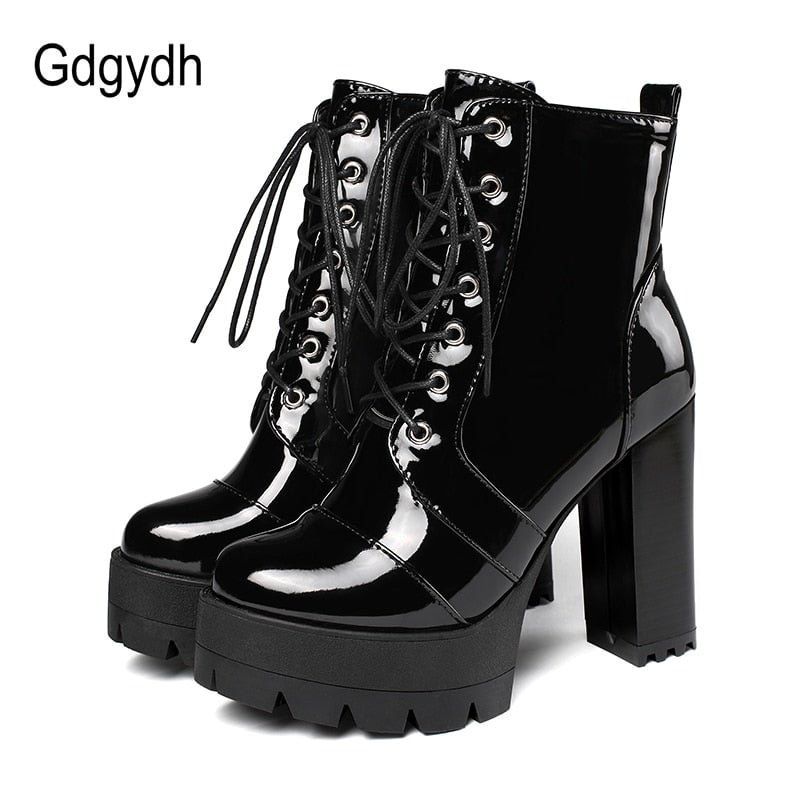 Gdgydh 2021 Thick High Heeled Female Patent Leather Ankle Boots Round Toe Lace-up Zipper Women Short Boots Gothic Women Shoes