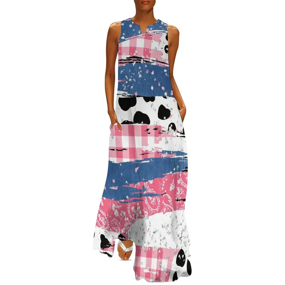 Style & Comfort for Mature Women Plus Size Printed Sleeveless Casual Women Maxi Dress with Pockets in Pattern Striped, Pink, Blue, Plaid