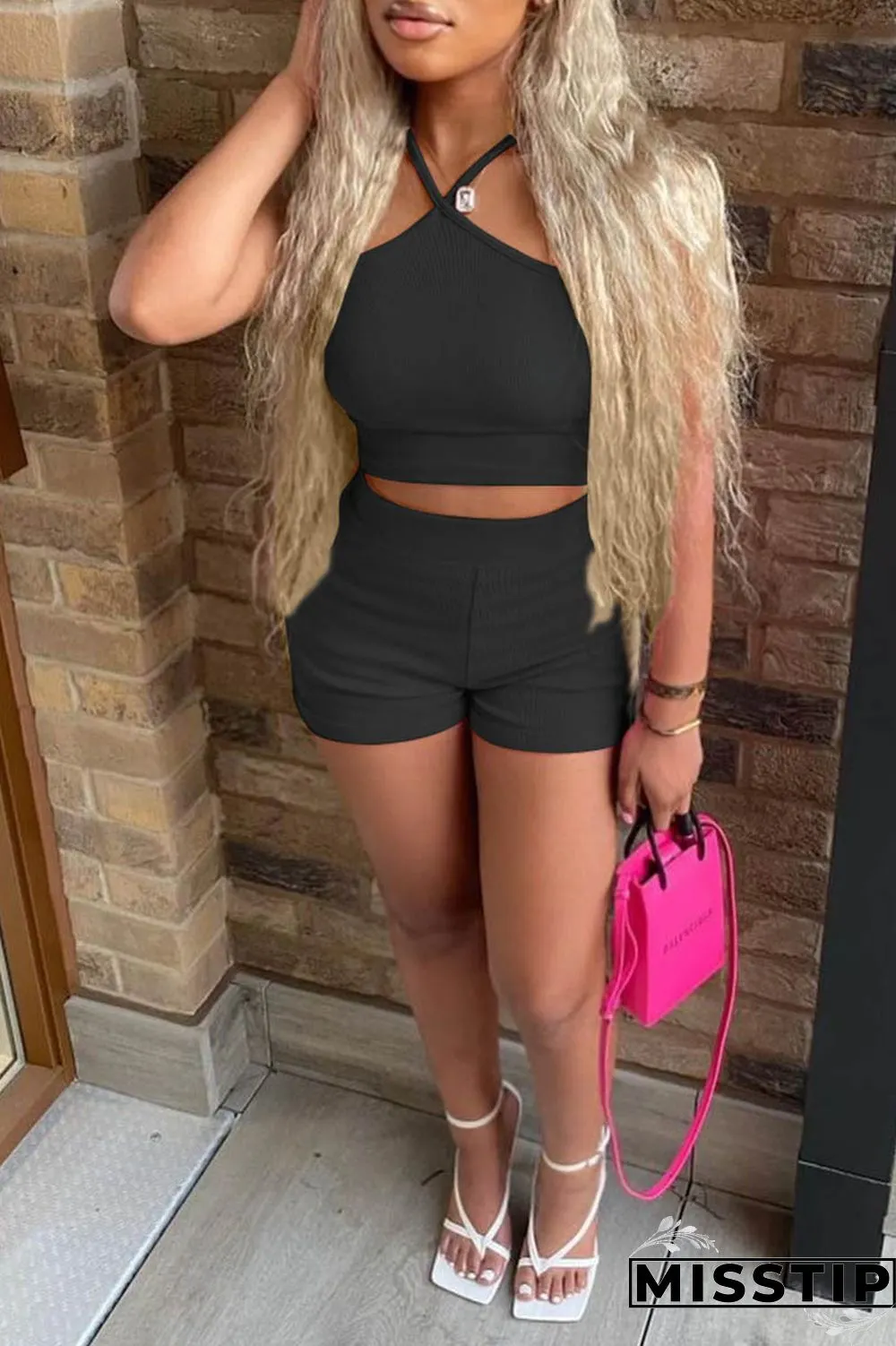 Pink Sexy Casual Solid Backless Spaghetti Strap Sleeveless Two Pieces