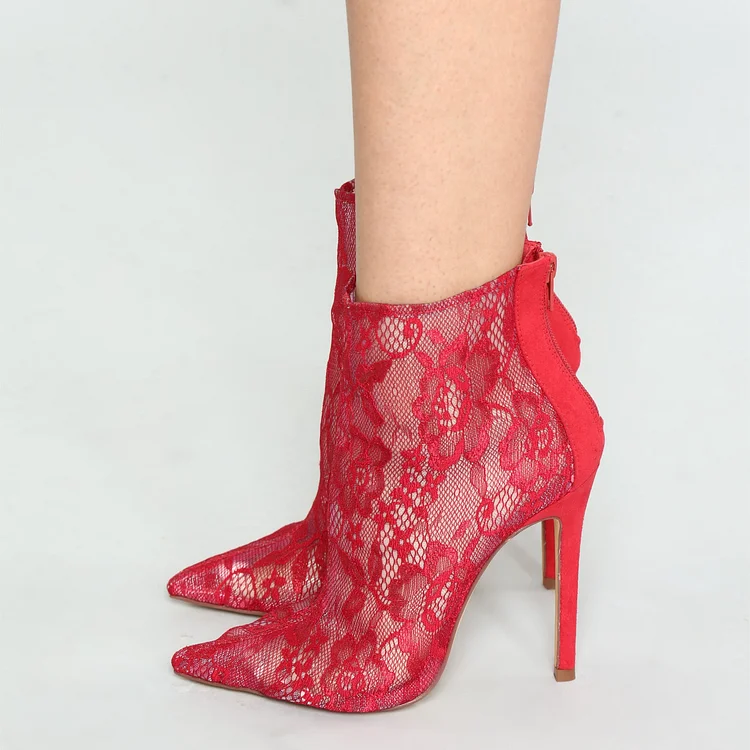 Red Lace Pointed Toe Stiletto Heel Ankle Boots |FSJ Shoes