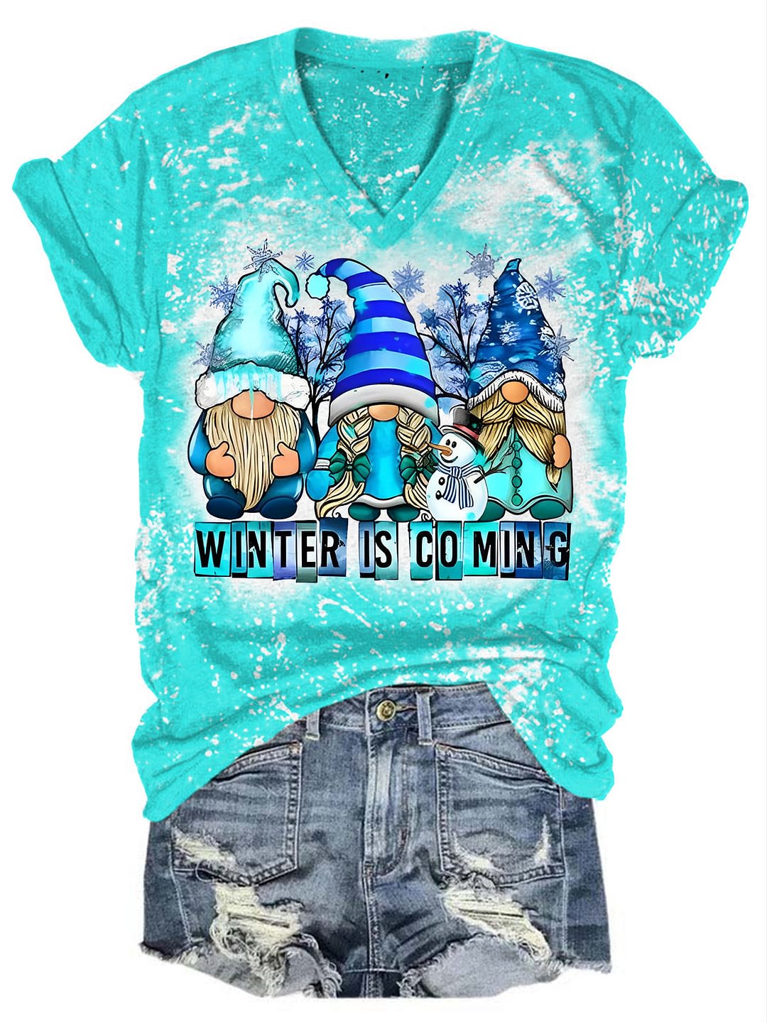 Winter is Coming Gnomes Print V-Neck Tie-dye T-Shirt
