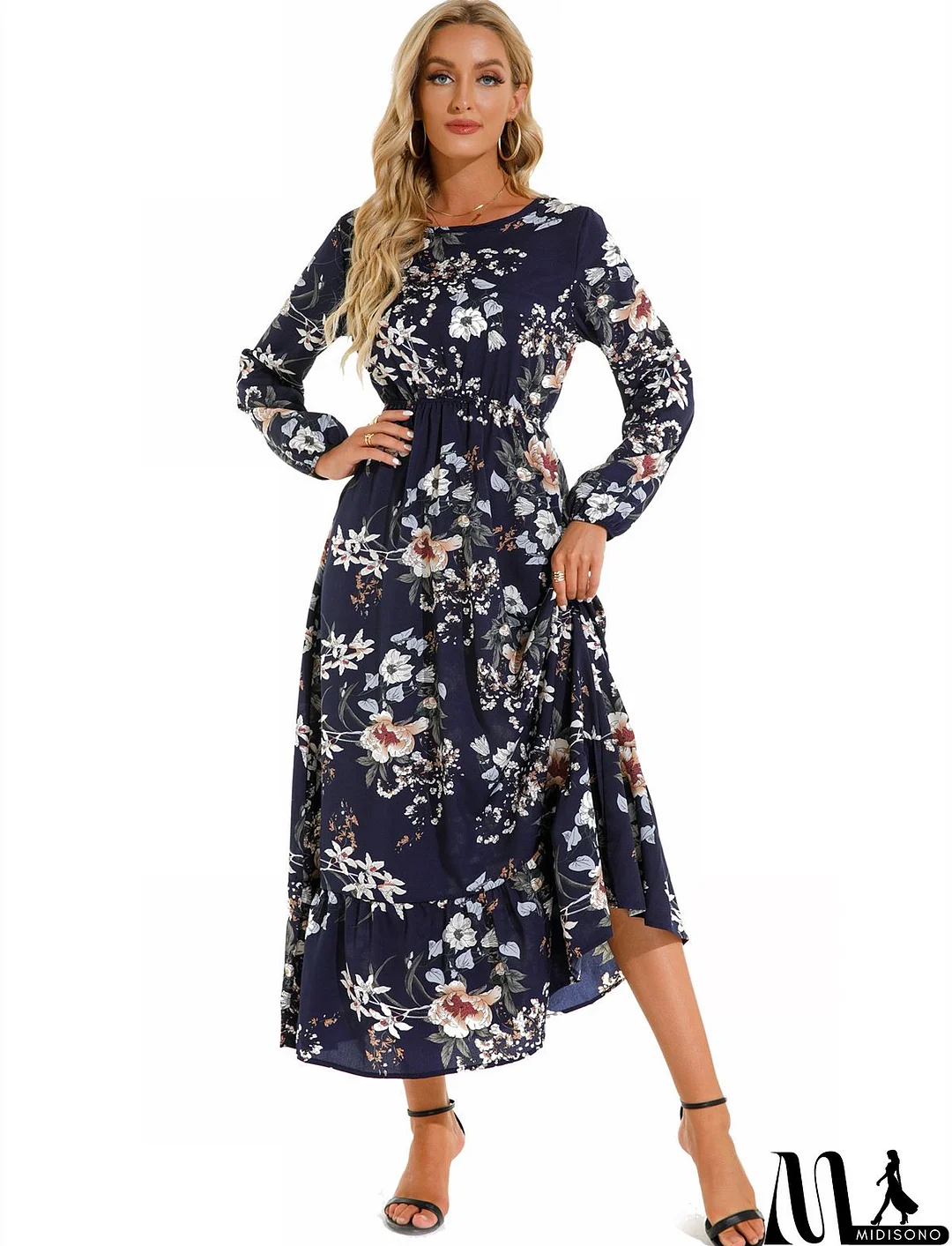MidiSono - Women Fashion Casual Floral Print Round Neck Long Sleeve Maxi Dress