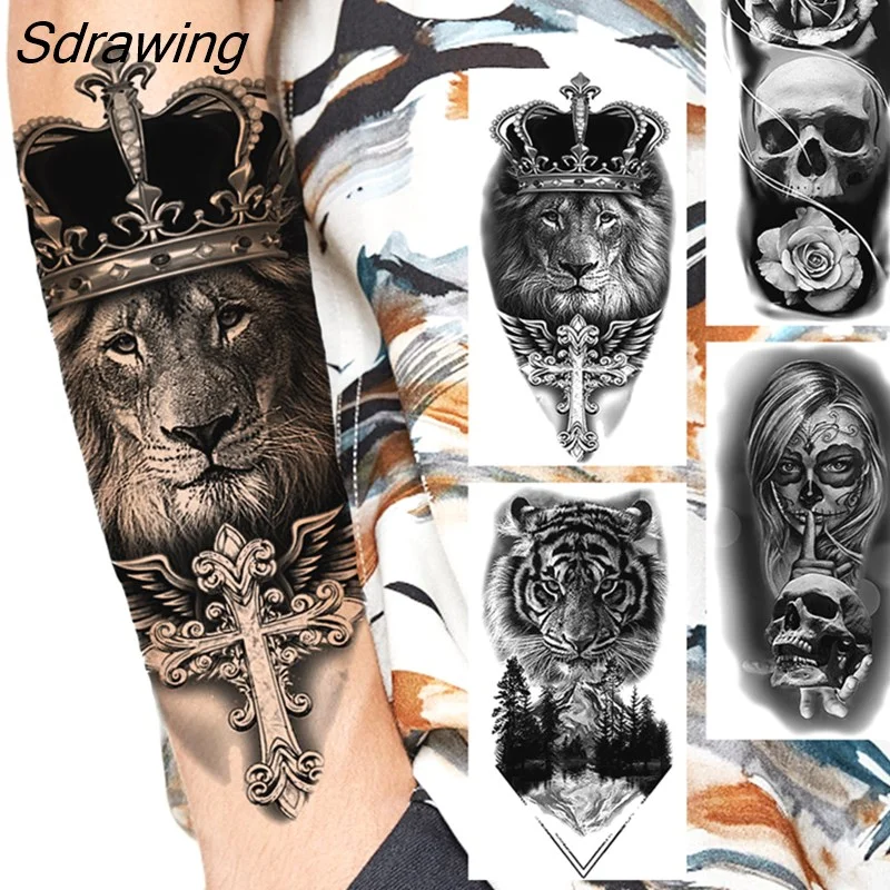 Sdrawing Crown Cross Temporary Tattoos For Men Women Realistic Scary Tiger Forest Vampire Fake Tattoo Sticker Forearm Body Tatoos 3D