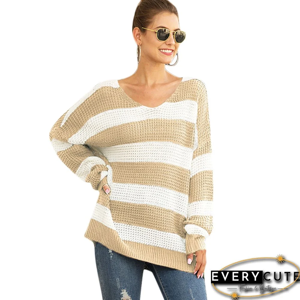 Khaki Stripes V Neck Loose Fit Sweater