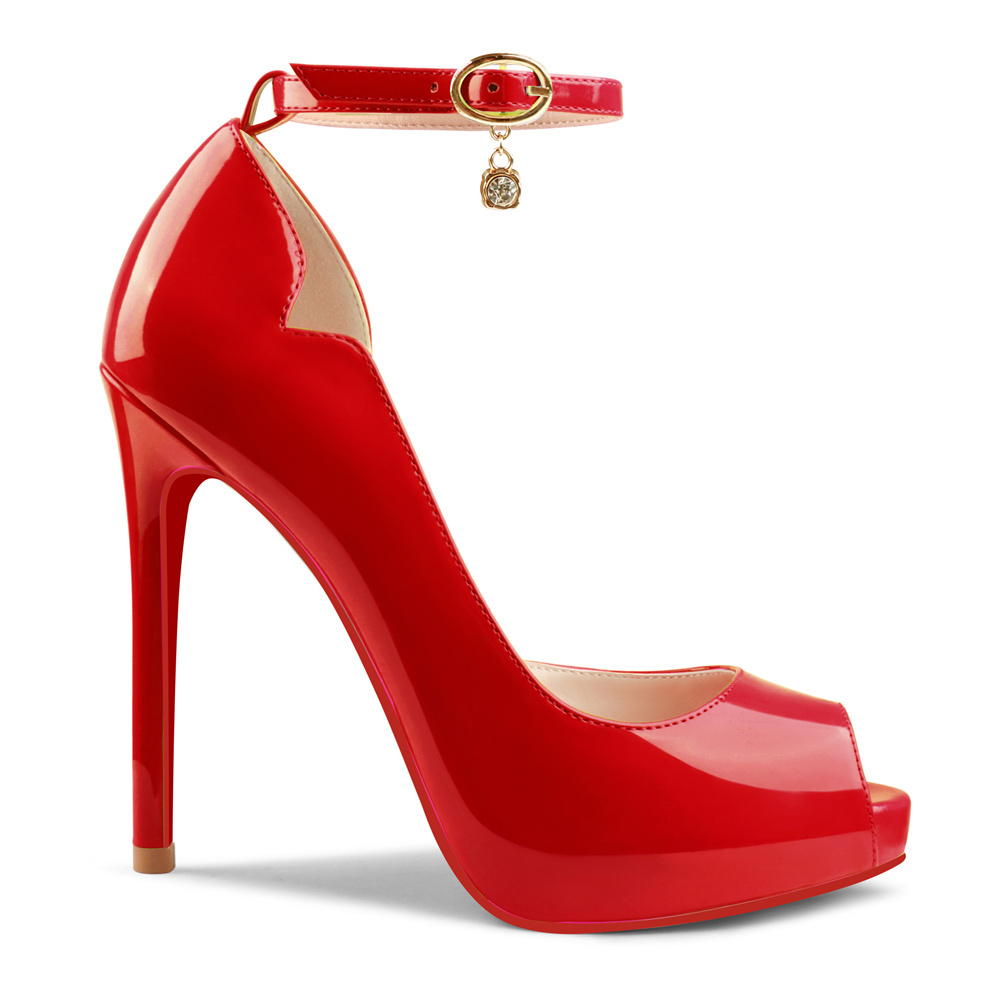 120mm Red Bottom Pendant Elastic Strap Slingback Sandals Peep Toe Platform Stilettos Patent Heels-MERUMOTE