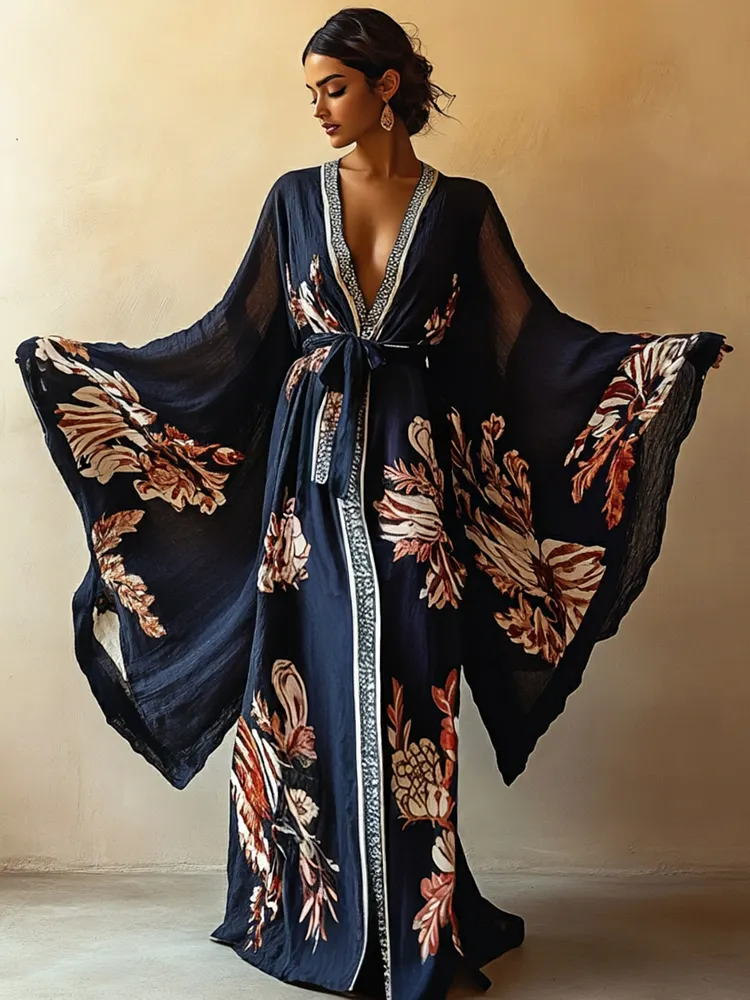 Women's Black Art Print Kimono Linen Robe (Including Belt)