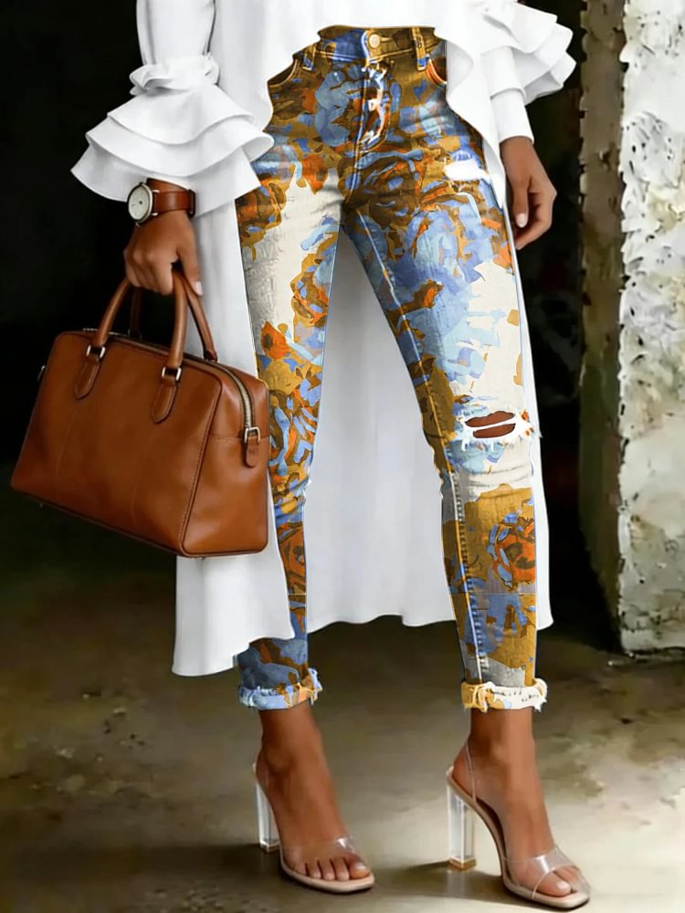 Women's Vintage Multicolor Floral Totem Print Casual High-waisted Ripped Skinny Jeans
