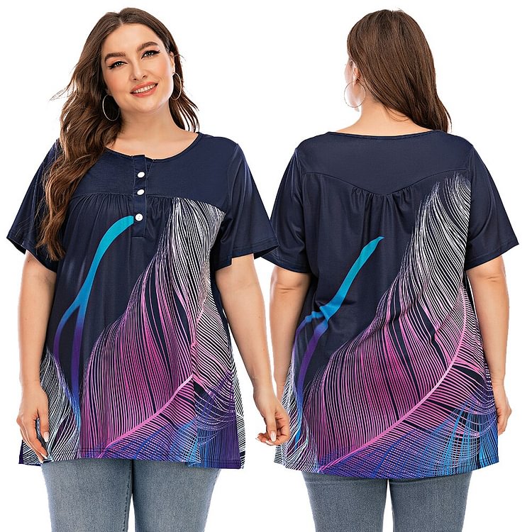 L-6XL Plus Size Women Short Sleeve Blouse Leaf Printed Round Neck Lady Tops Female T-Shirt Summer Button Casual Streetwear D30 - BlackFridayBuys