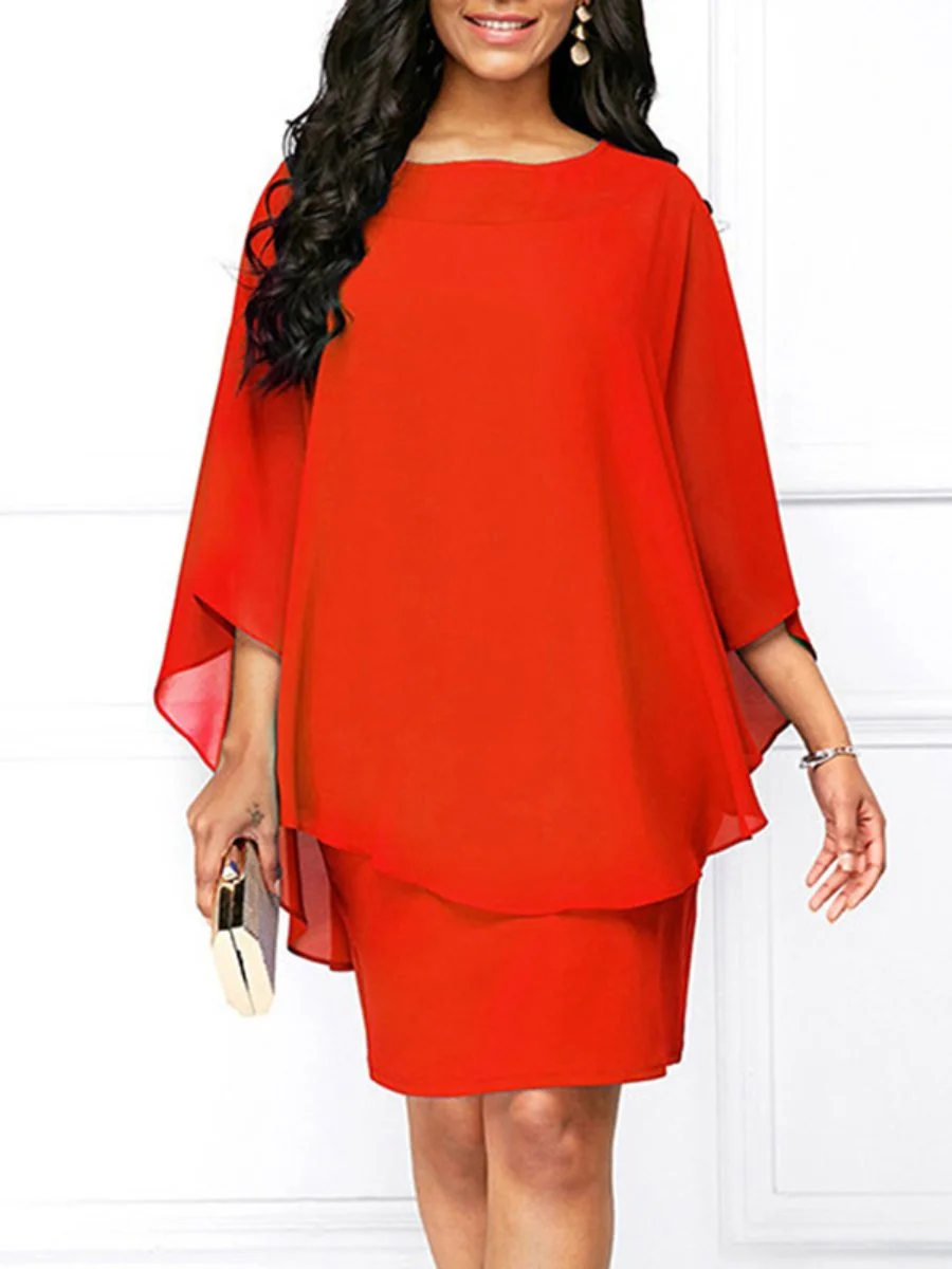 Plus Size Dress Chiffon Lace Solid Color Crewneck Sexy Party Dress