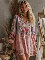 Women's V Neck Boho Classy Gradient Pink Roses Embroidered Art Casual Dress - Image 3