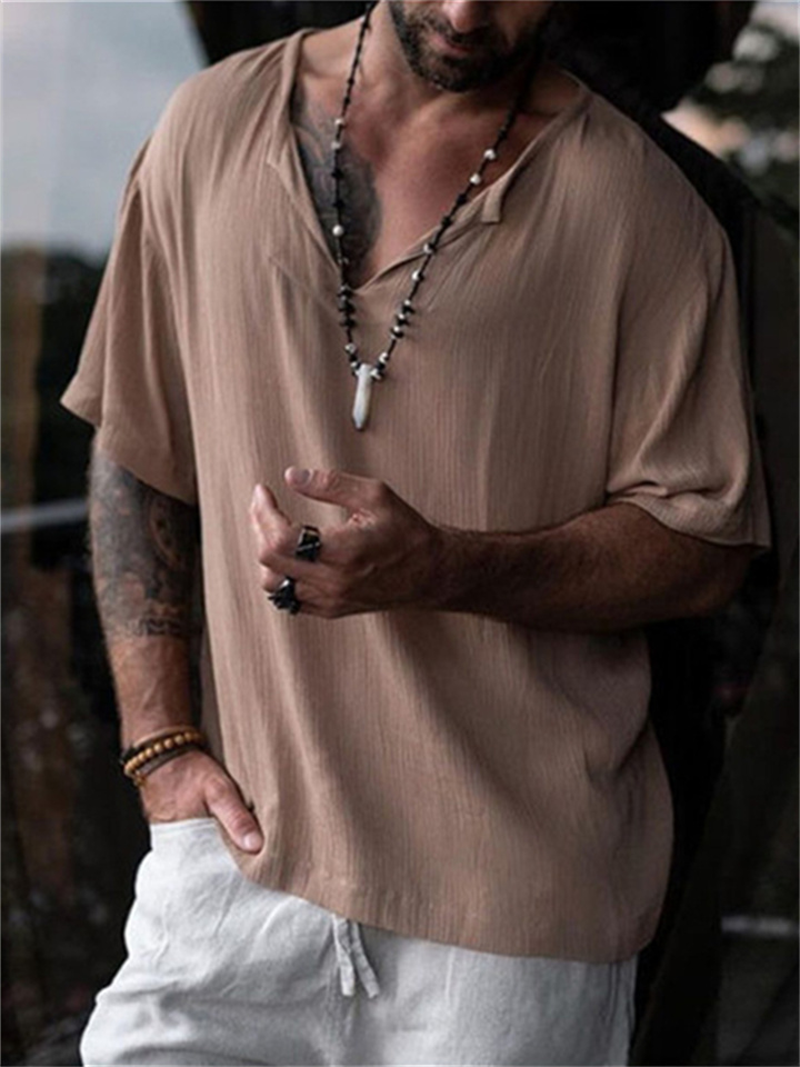 Summer Men's Cotton Round Neck Top Loose Solid Color Medium Sleeve T-Shirt Five Sleeve Short Sleeve | 168DEAL