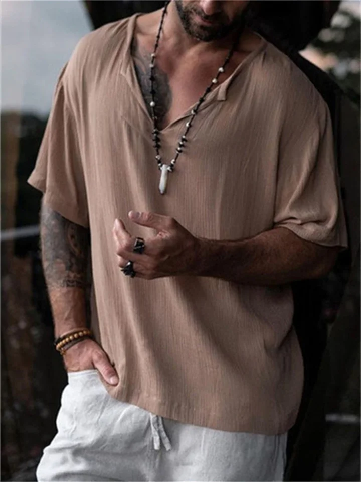 Summer Men's Cotton Round Neck Top Loose Solid Color Medium Sleeve T-Shirt Five Sleeve Short Sleeve