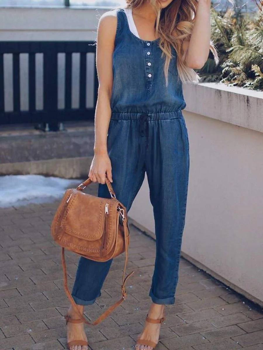 Buttons Neck Elastic Drawstring Waist Denim Jumpsuits
