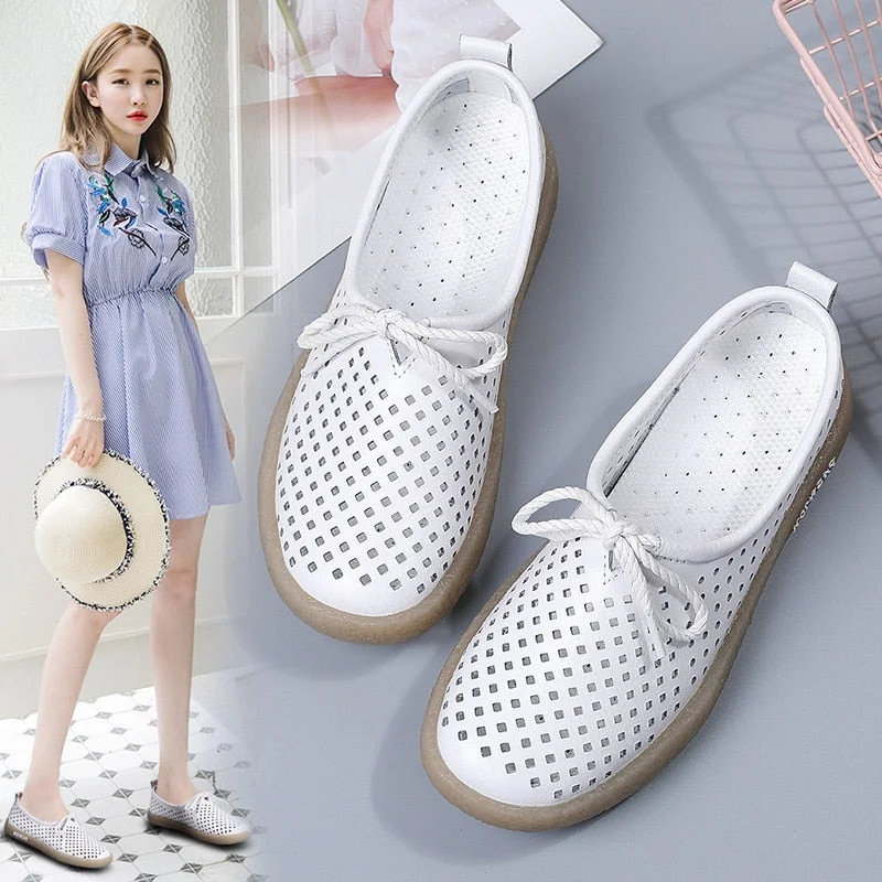 GKTINOO New Breathable Genuine Leather Summer Shoes Woman Flats Hollow Comfortable Ladies White Loafers Soft Casual Shoes
