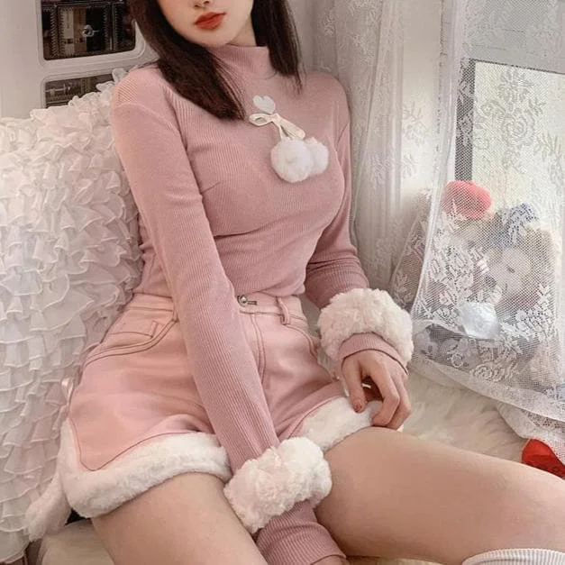 Cute Love Heart Embroidery Fuzzy Ball Turtleneck Top SS0981