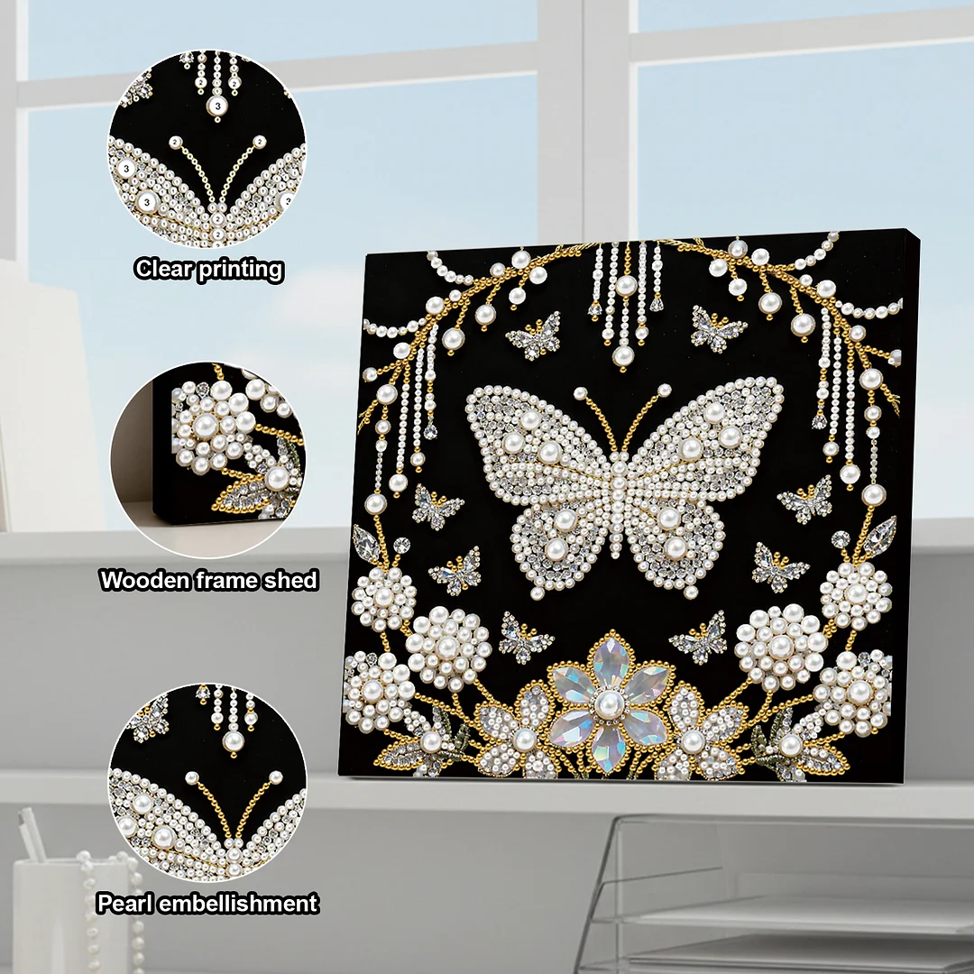 Flower Butterfly DIY Pearl Art Diamond Painting Kit Home Decor 25x25cm With Frame