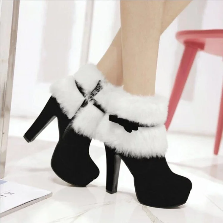 Christmas Red High-heeled Boots And Furry Bow Short Boots