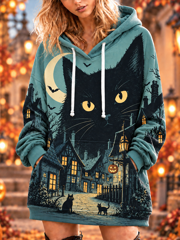 Comstylish Women's Teal Halloween Black Cat, Village And Moon Print Oversized Hoodie