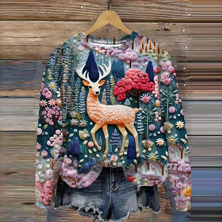 Utbros Christmas Reindeer Rainbow Floral Print Sweatshirt