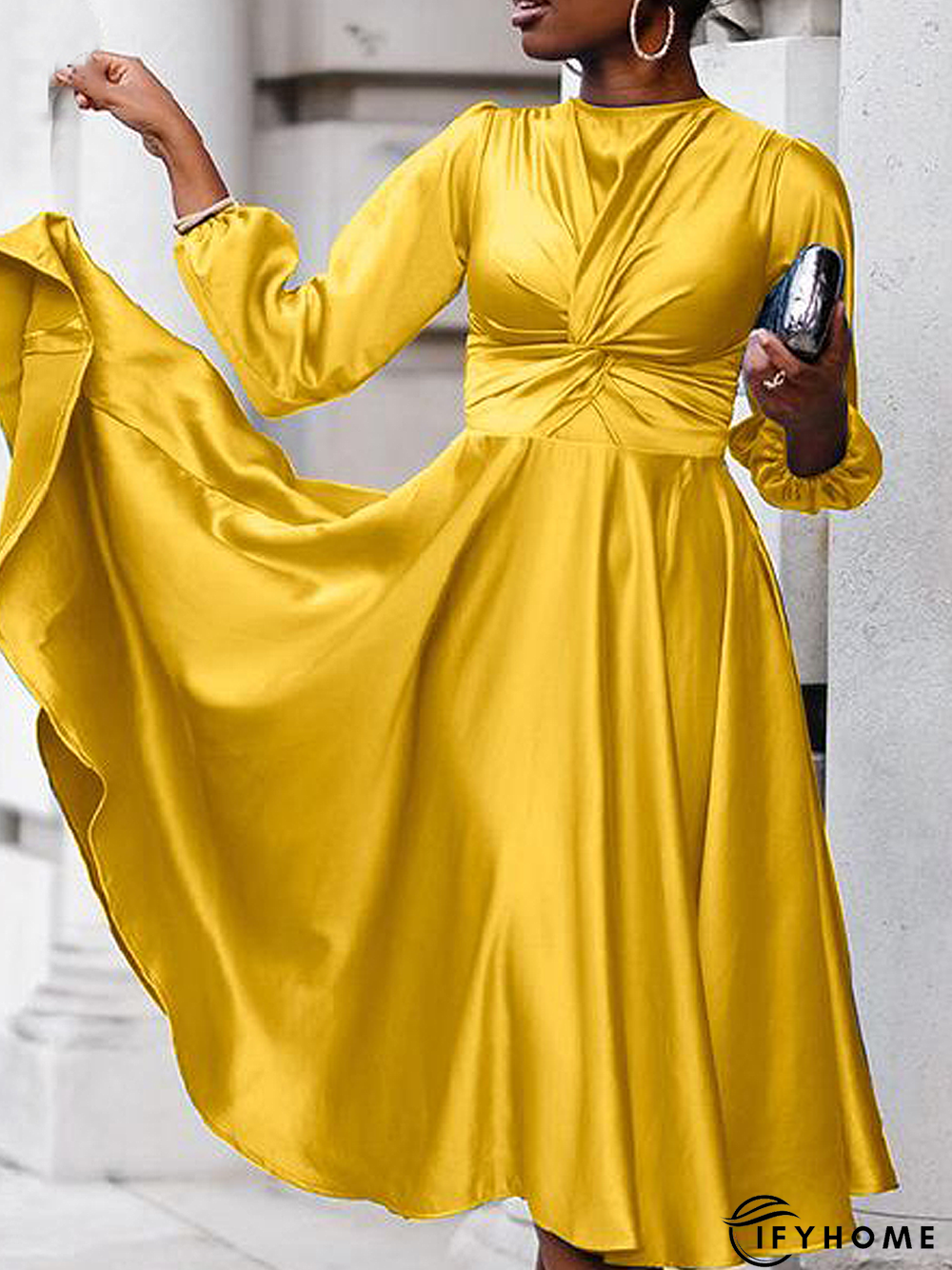 Regular Fit Plain Crew Neck Long sleeve Dress | IFYHOME