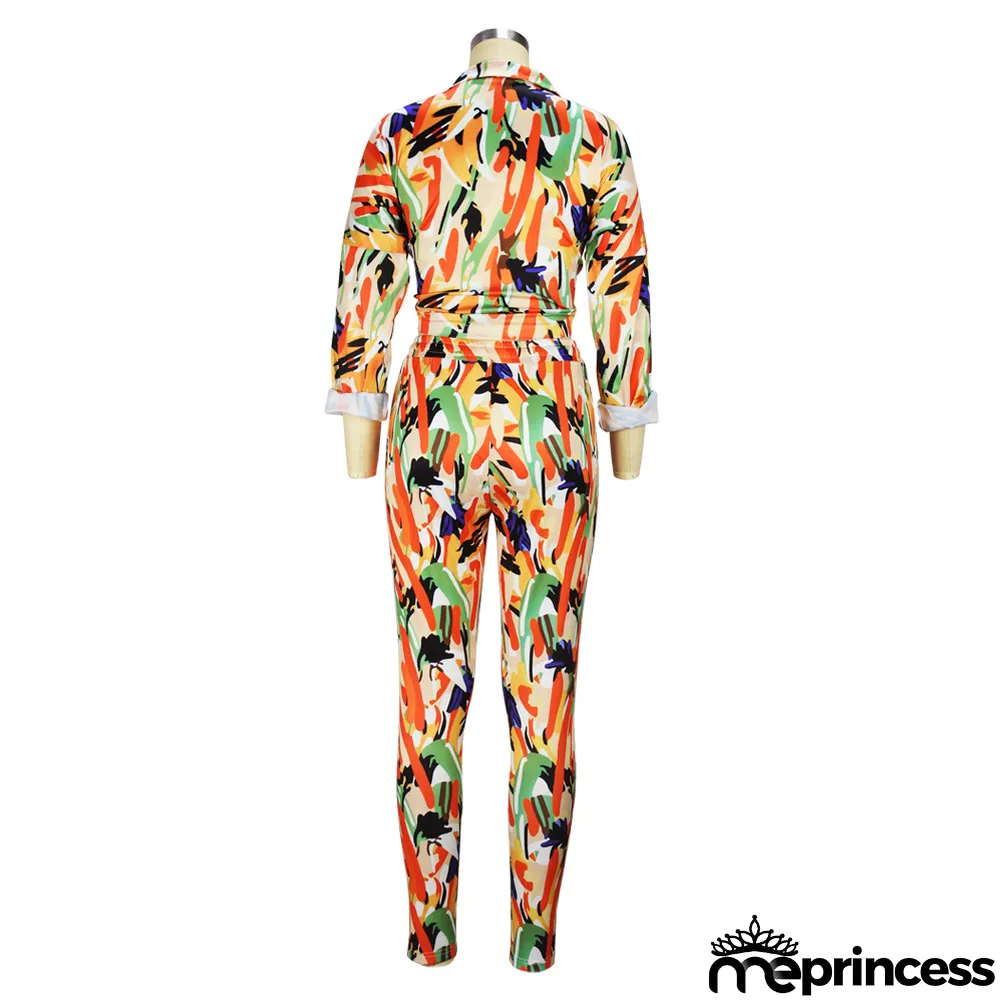 Spring/Summer Knotted Crop Print Turndown Collar Shirt Pants Suit Fall/Winter Women's Two Piece Set