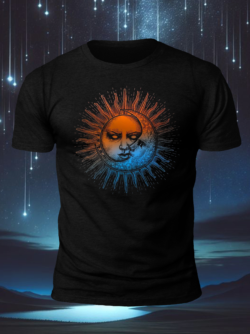 Men's Evil Sun and Moon Print Casual Short Sleeve T-shirt