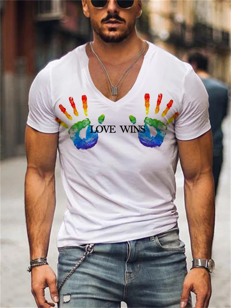 Love Wins Rainbow Handprint V Neck T Shirt