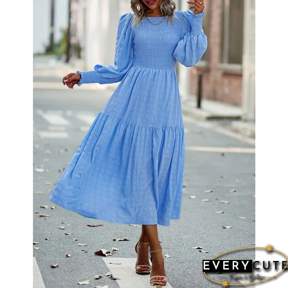 Light Blue Puff Sleeve Pleated Swing Long Dress