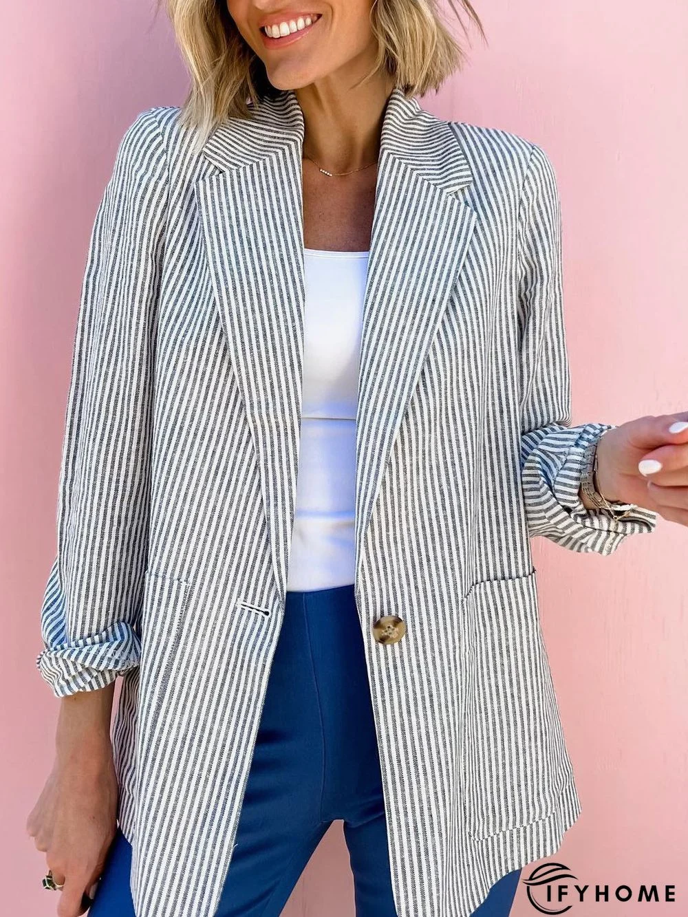 Striped Lapel Collar Cotton-Blend Casual Blazer | IFYHOME