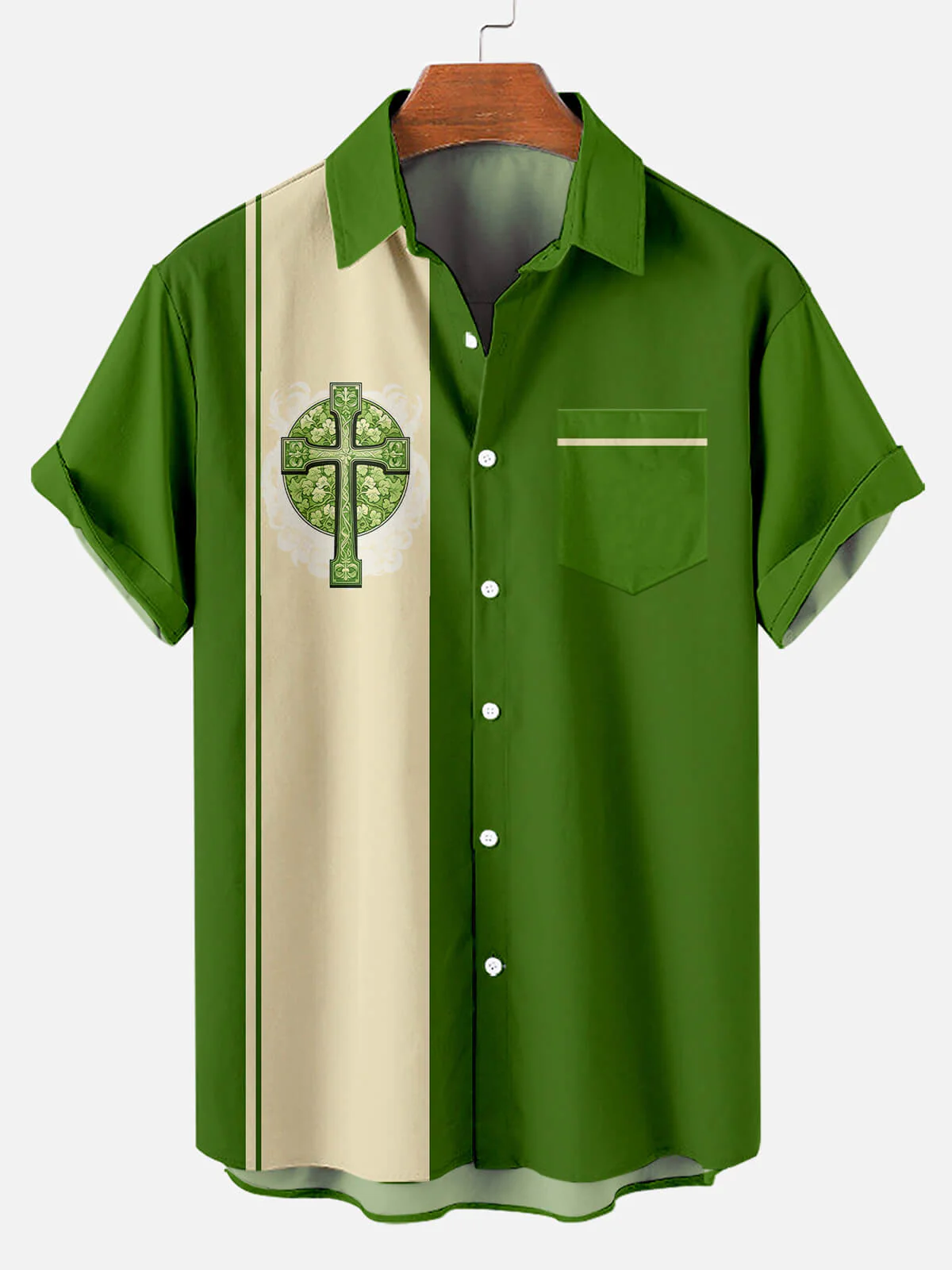 St. Patrick's Day Cross Stripe Short Sleeve Bowling Shirt PLUSCLOTHESMAN