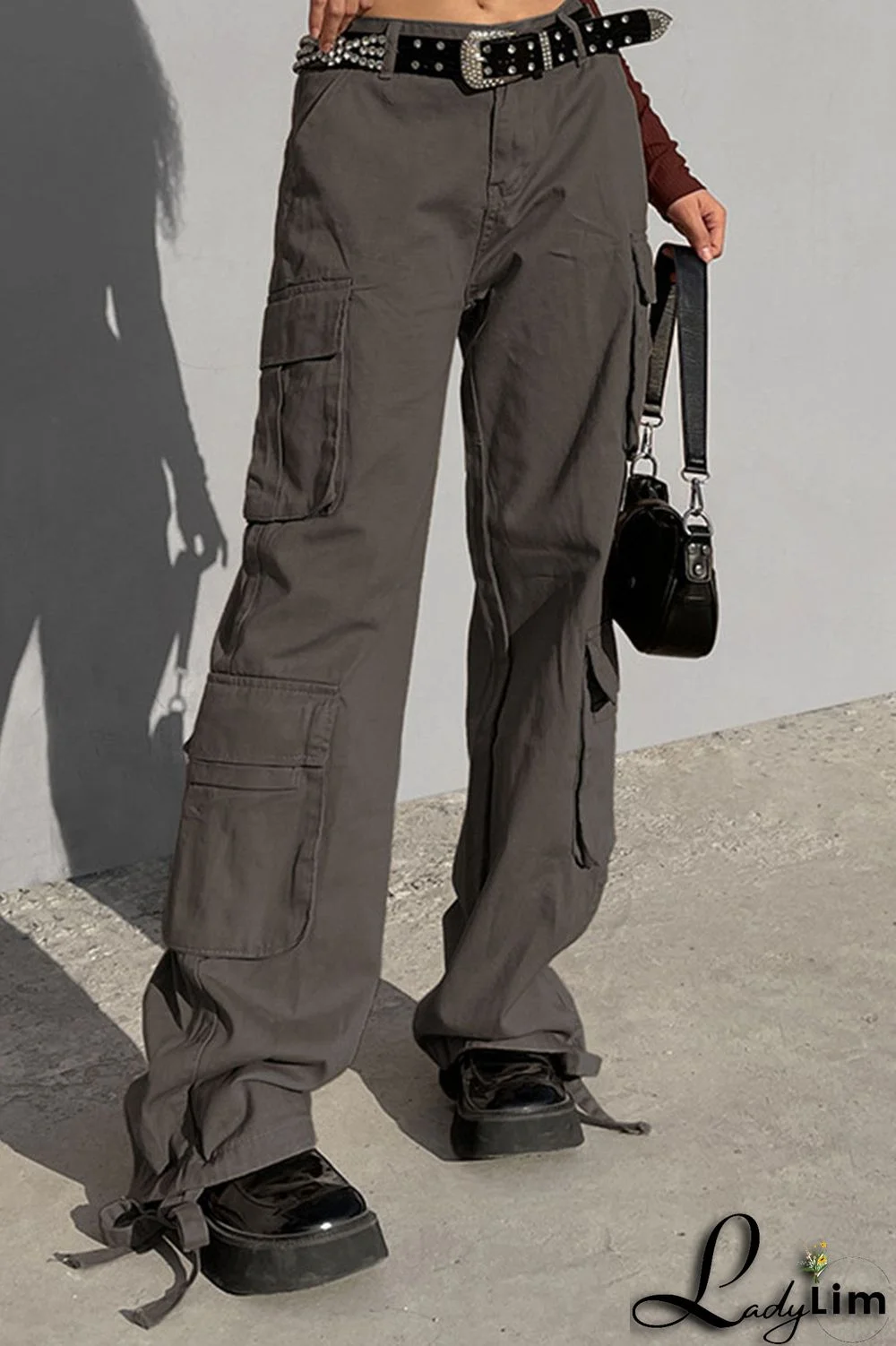 Green Street Solid Patchwork Pocket High Waist Straight Solid Color Bottoms