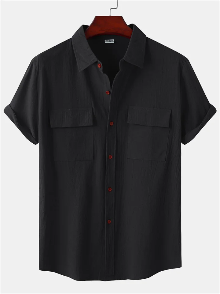 Summer New Men's Linen Short-sleeved Shirt Men's Square Collar Casual Cotton Linen Shirt Hemp Material Pure Color Half-sleeved Blouse-Cosfine