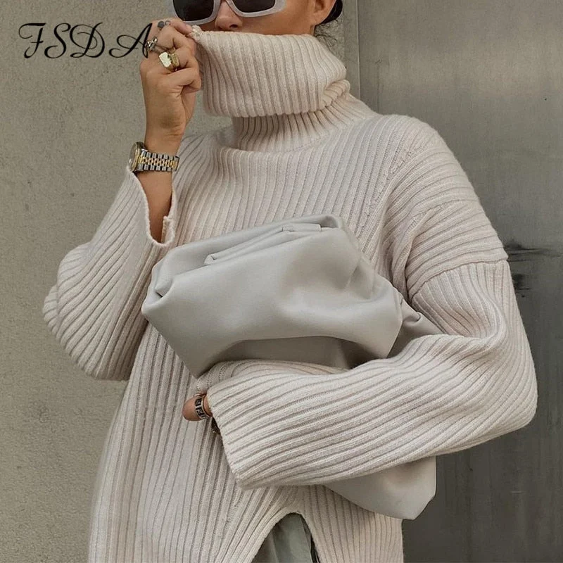 FSDA 2021 Autumn Winter Turtleneck Oversized Pullover Women Casual Loose Knitted Sweater Long Sleeve Jumper Tops Fashion