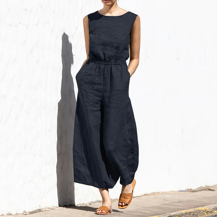 Women's Solid Color High Waist Sleeveless Trousers Fashion Casual Loose Temperament Jumpsuit