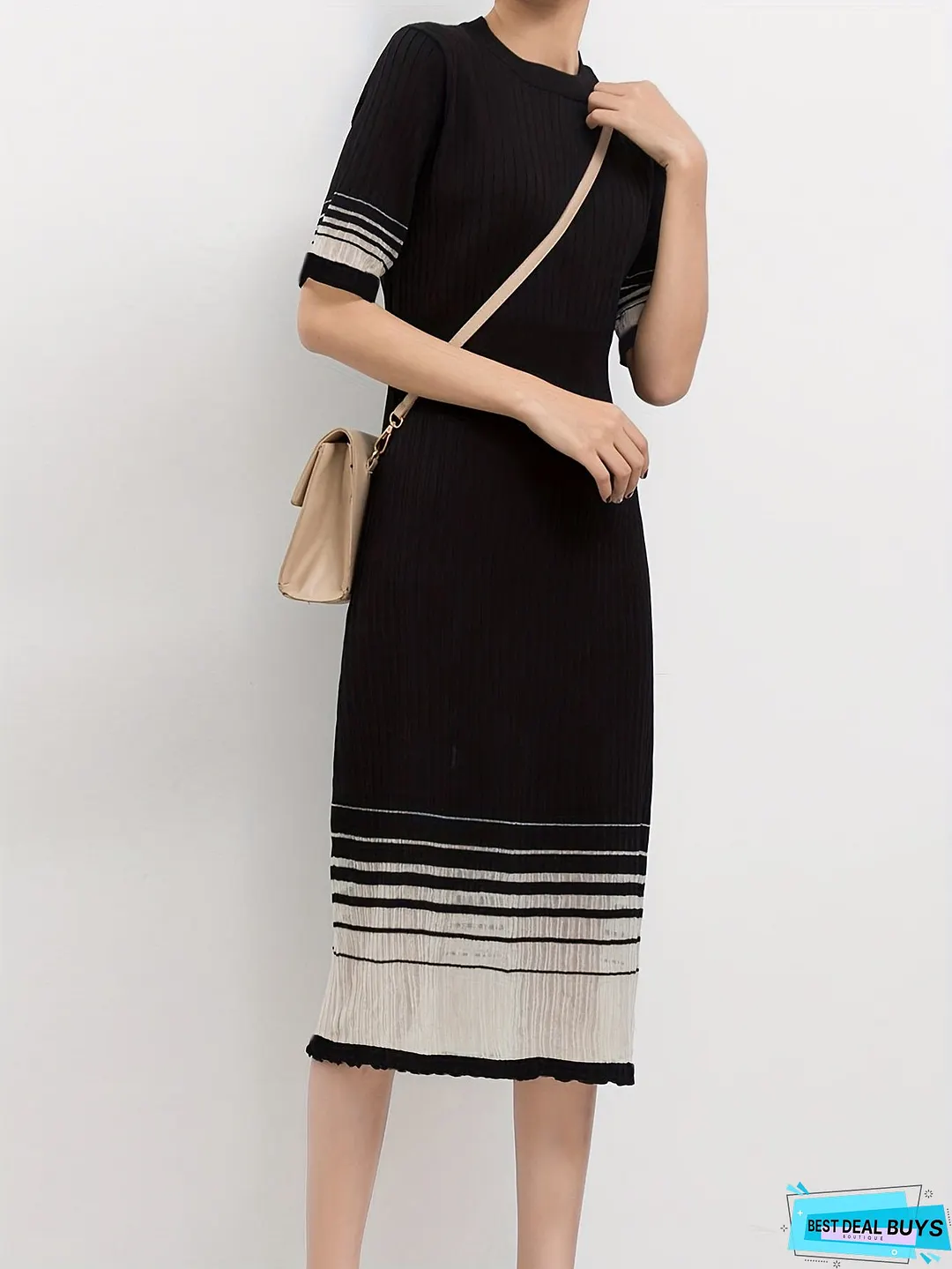 Contrast Mesh Ribbed Dress, Elegant Short Sleeve Dress For Spring & Summer, Women's Clothing